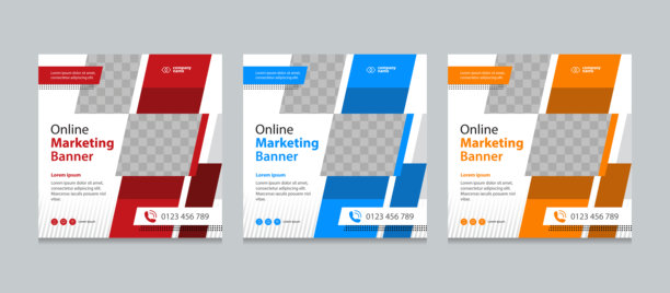创意网页横幅设计模板套件。适用于社交媒体帖子、Instagram故事和网络营销广告。可编辑的矢量插图，留有空间添加图片。图片下载
