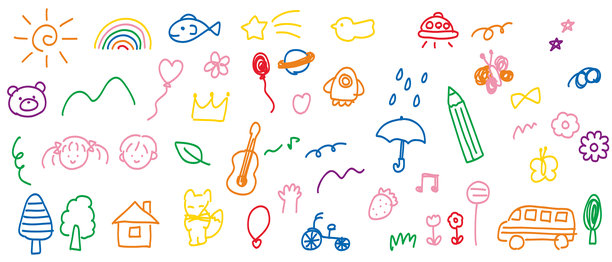 一套色彩丰富、可爱的手绘涂鸦风格素材，包括天气、花朵、动物、儿童面孔、树木等。图片下载
