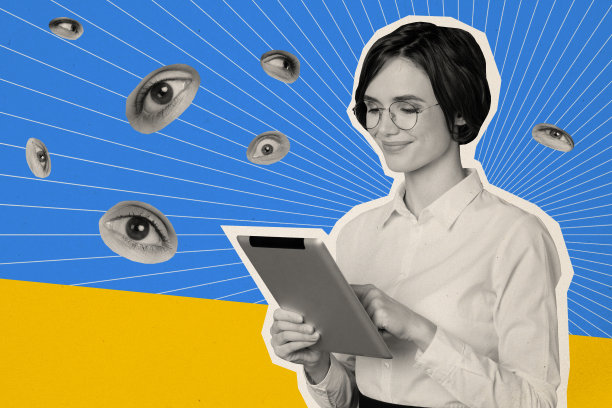 微笑的女商人与iPad设备的复合照片拼贴，展示自由职业工作，注视着网络安全的双眼，背景为涂鸦风格。图片下载