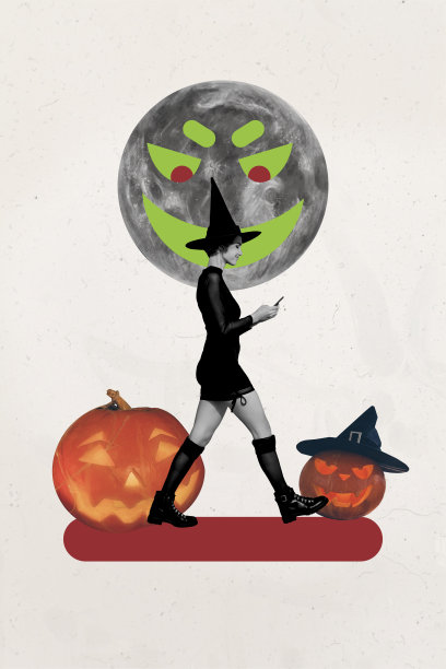 快乐女巫女孩手持手机走在万圣节派对上，背景中有月亮、行星表情符号和南瓜装饰的竖版照片拼贴。图片下载