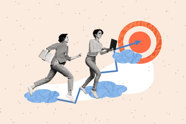 年轻女性通过创意照片拼贴展示实现目标，瞄准笔记本电脑，远程工作，项目管理，股票上涨，向上发展方向。图片下载