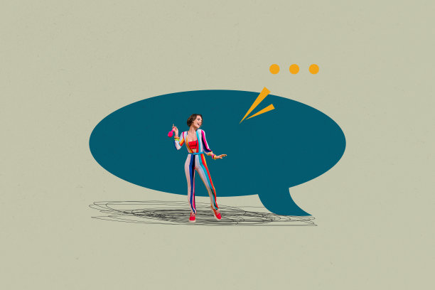 快乐女孩和男孩站在一起的横幅海报照片拼贴，交流图标和对话短语，畅所欲言。图片下载