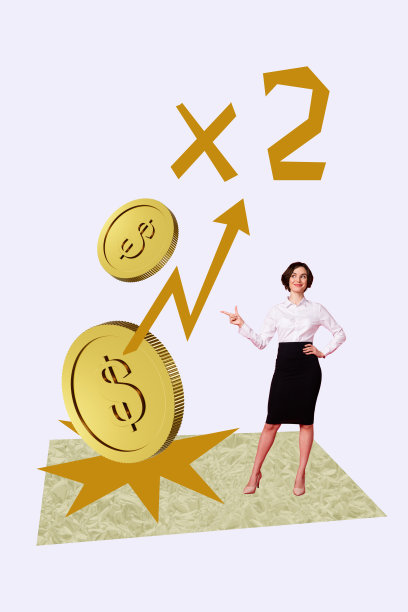 投资收益、贸易融资、财富的复合素描照片拼贴，年轻女士微笑着站立，手指指向上升的箭头和通货膨胀百分比。图片下载