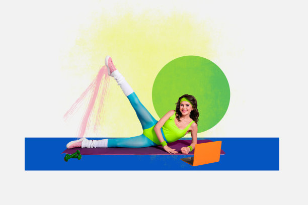 年轻女性健身教练在笔记本电脑上进行远程训练的动态运动健康活动的3D照片拼贴艺术作品图片下载