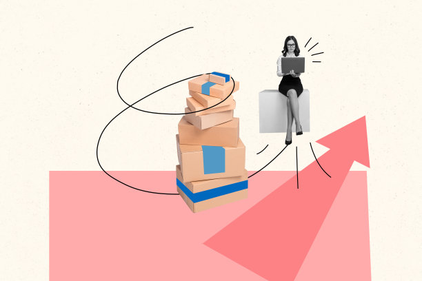 年轻女商人坐在箱子上，使用笔记本电脑进行购物、购买和交付客户的3D照片拼贴草图模板设计图片下载