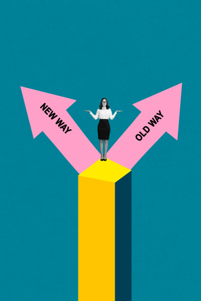 年轻女性站在选择新旧道路的箭头前，3D照片拼贴设计草图，展示职业创业、金钱流程和战略。图片下载