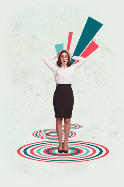 快乐的女商人与男商人在几何图形前站立，展示职业发展与目标的照片拼贴艺术海报图片下载