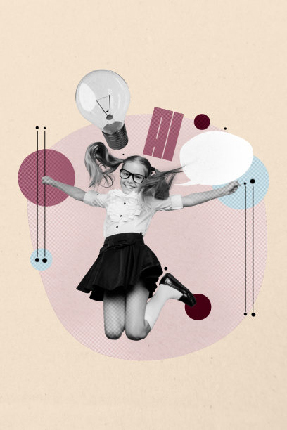 时尚的3D海报流行图像，快乐的少女学生跳跃，AI字母，灯泡，黑暗提示生成的照片拼贴图片下载