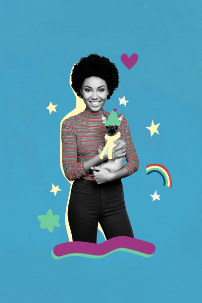 快乐的美国女孩与可爱的吉娃娃小狗朋友一起，戴着帽子和围巾，在户外散步，背景为涂鸦风格的画面，呈现出竖版照片拼贴。图片下载