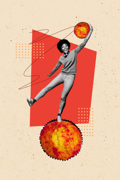 快乐的美国女孩站在甜美的松饼、营养甜点和杯子蛋糕旁，背景为涂鸦风格的垂直照片拼贴。图片下载