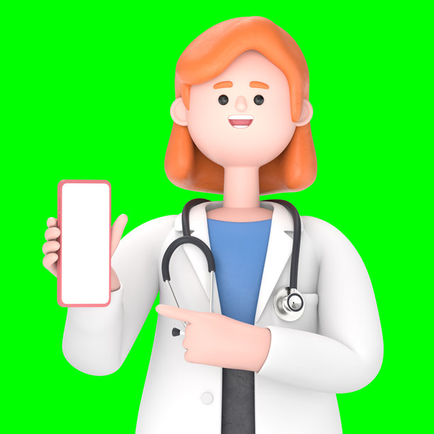 女性医生诺娃的3D插图，手持手机。绿色屏幕样机。3D渲染在绿色屏幕上，适用于视频素材和抠图。图片下载