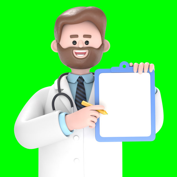3D插图：男医生艾弗森竖起手指，手持空白的夹板。绿色屏幕模型。3D渲染在绿色屏幕上，用于视频素材和抠图。图片下载