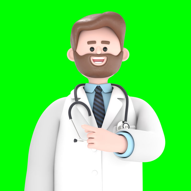 男性医生艾弗森的3D插图，手指指向屏幕，绿色背景模版。3D渲染，适用于视频素材和抠图。图片下载
