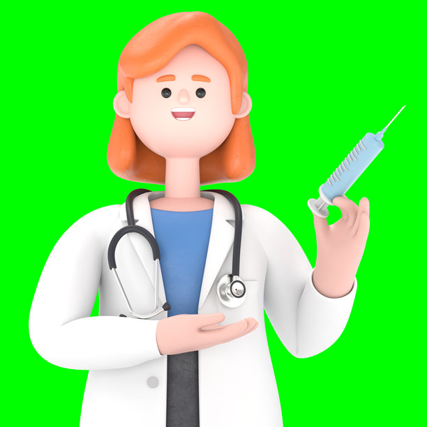 女性医生诺娃的3D插图，手持注射器。绿色背景模版。3D渲染，适用于视频素材和抠图。图片下载