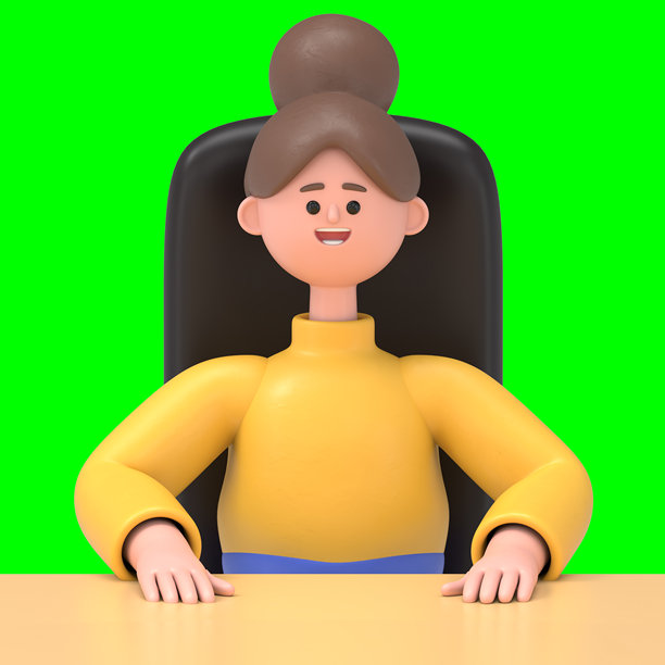 公司会议中亚洲女性安吉拉的3D插图。绿幕模型。3D渲染在绿幕上，用于视频素材和抠图。图片下载