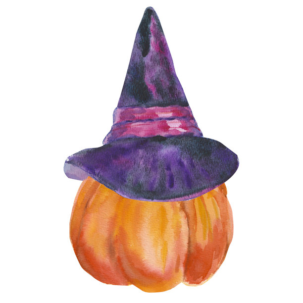 一个戴着万圣节帽子的水彩南瓜，孤立在白色背景上。恐怖的万圣节插图。派对，化妆舞会。适用于女巫装饰、万圣节、标签、贴纸、印刷品。图片下载