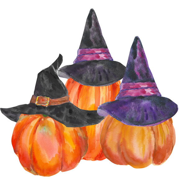 一幅水彩南瓜戴着万圣节帽子的插图，背景为白色。恐怖的万圣节插画。适合派对、化妆舞会。用于女巫装饰、万圣节、标签、贴纸、印刷品。图片下载