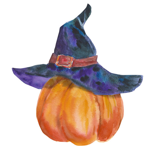 一只戴着万圣节帽子的水彩南瓜，孤立在白色背景上。恐怖的万圣节插图。派对，化妆舞会。适用于女巫装饰、万圣节、标签、贴纸、印刷品。图片下载