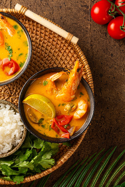 泰式酸辣虾汤，配海鲜和青柠，背景为深色的竖版照片图片下载