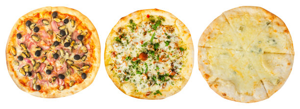 白色背景上各种三种披萨的孤立照片。图片下载