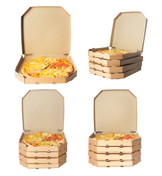 白色背景上孤立的纸箱和比萨饼照片。图片下载