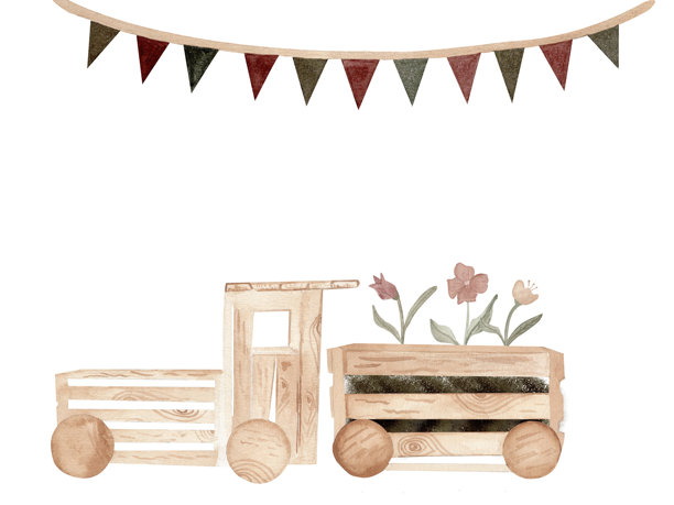 手绘水彩插图，描绘了一辆木制手推车，采用温暖的棕色调，背景透明。非常适合园艺主题设计、邀请函、标志、儿童书籍和季节性装饰。图片下载