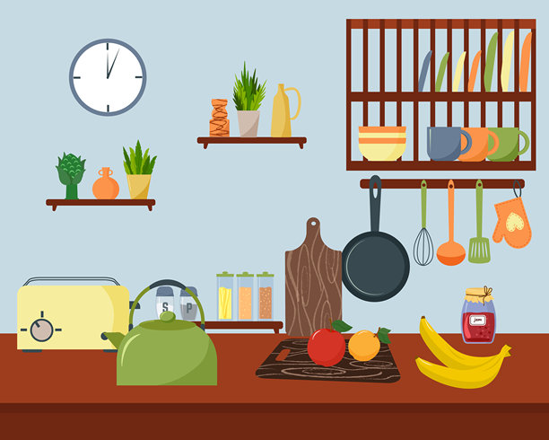 现代扁平设计风格的舒适厨房室内插图。家用烹饪空间，配有家具、器具、电器和食物。图片下载
