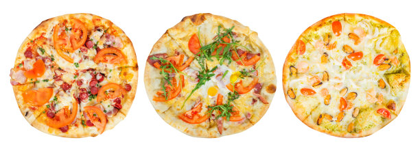 白色背景上各种三种披萨的孤立照片。图片下载