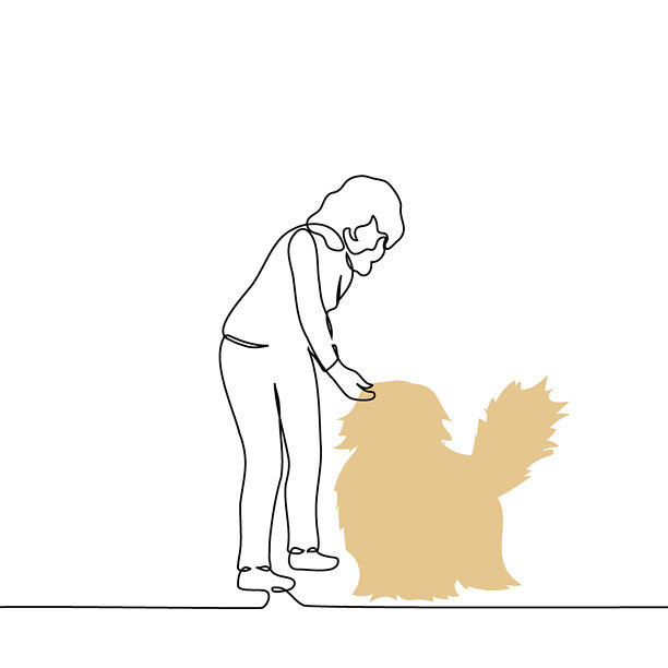 女人弯腰抚摸毛茸茸的狗头 - 一行线条艺术矢量图。概念路人爱狗者、主人与宠物、兽医与病人。图片下载