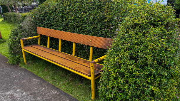 这张图片展示了一张带有黄色金属框架和木质板条的乡村公园长椅，放置在一片浓密的绿色树篱前。它暗示这是一个宁静的休息场所，适合在花园或公共区域使用。图片下载