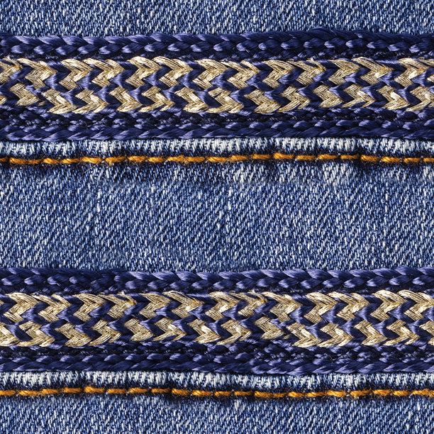 无缝的4K蓝色牛仔布纹理照片，装饰有编织绳带。图片下载