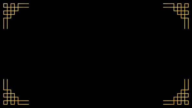 黑色背景上的东方奢华金色中国风装饰框，传统亚洲装饰金边线条艺术插图，各种中国农历新年设计元素图片下载