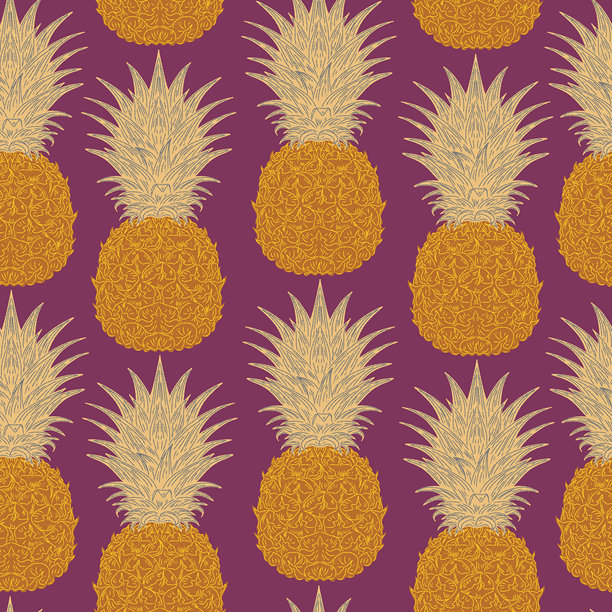 无缝手绘菠萝图案，复古素描风格。热带和地中海氛围。非常适合用于纺织品、墙纸、包装、家居装饰和表面设计。图片下载