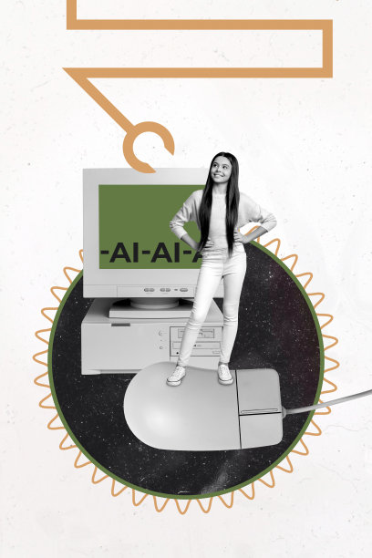 快乐的女学生站在桌面前，旁边有鼠标和电脑显示器，展示人工智能数字课程的海报照片竖版拼贴。图片下载