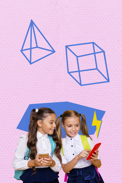 现代艺术照片拼贴，展示两位快乐的女同学，手持手机，光线明亮，进行在线学习，穿着校服，背着书包。图片下载