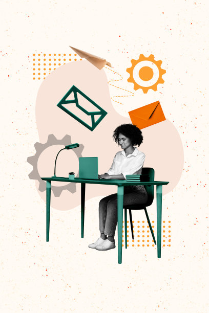 单色年轻女性坐在桌子前，使用笔记本电脑，办公设备，纸飞机，短信，商业主题的综合趋势艺术作品草图照片拼贴。图片下载