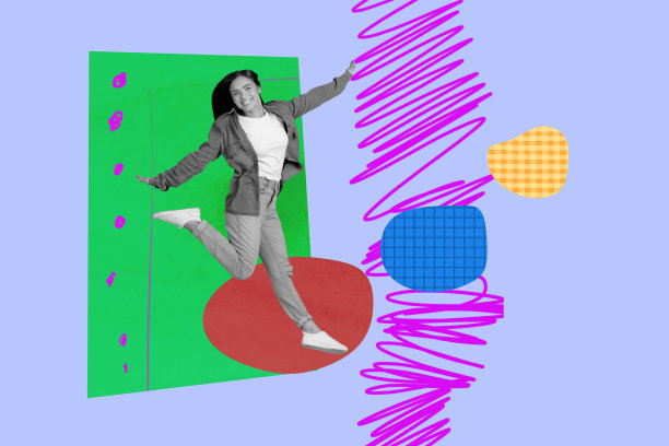 全3D海报艺术照片拼贴，快乐的女商人和男商人奔跑在几何图形中，展示职业发展和进步统计数据。图片下载