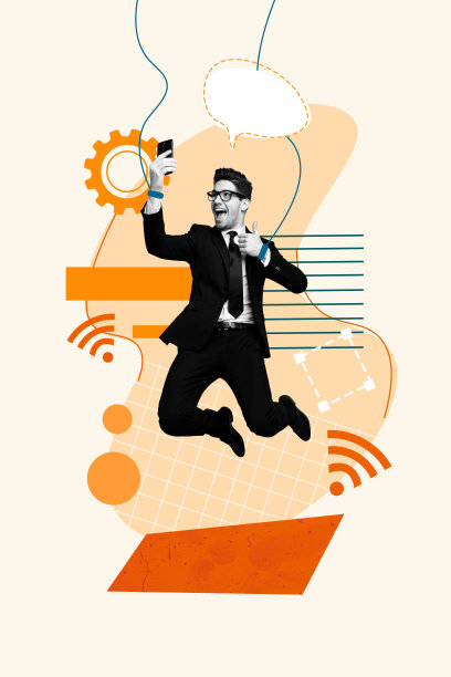 快乐商人跳跃着拍手机自拍，竖向照片拼贴，竖起大拇指，显示出WiFi连接气泡和齿轮，背景为涂鸦风格。图片下载