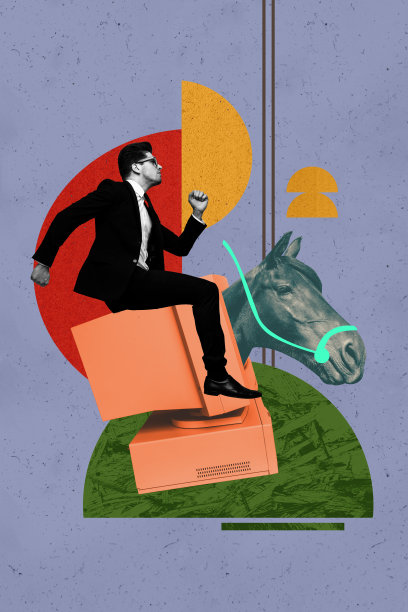 快乐的IT专家女孩和男孩站在电脑显示器旁，窥视特洛伊木马的头部，密码黑客间谍的竖版照片拼贴横幅图片下载