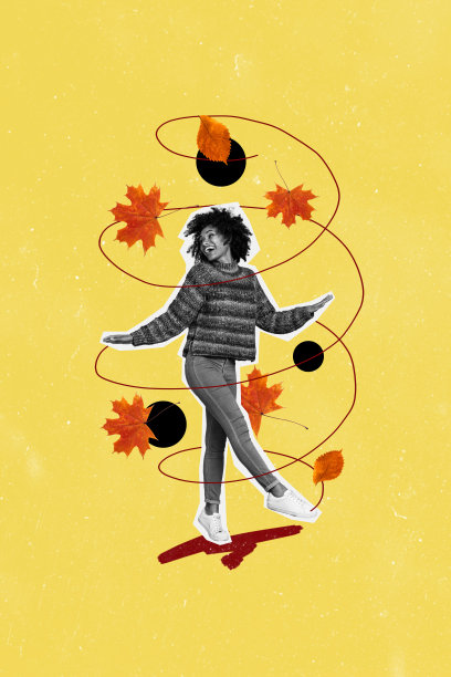 快乐的美国女孩在秋季舞蹈的垂直照片拼贴，枫叶自然氛围，背景为涂鸦风格。图片下载
