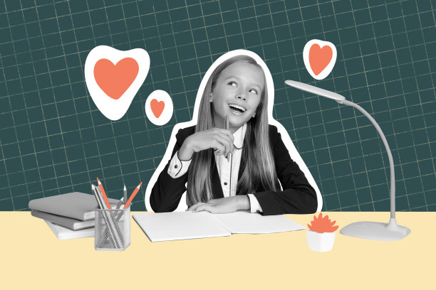 快乐的金发女学生思考作业，学校用品，心形，情人节，孤立在涂鸦背景上的拼贴照片图片下载