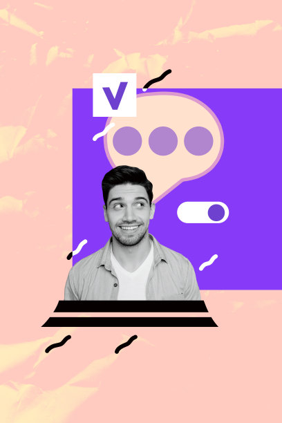 年轻男子肖像微笑聊天对话云对话框，检查完成按钮开启的3D照片拼贴艺术作品图片下载