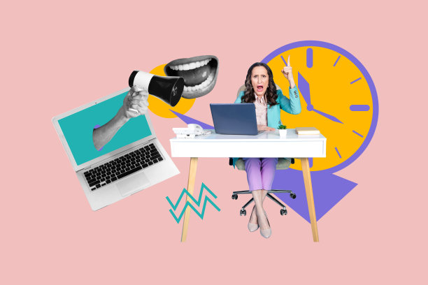 创意照片拼贴，成熟的女性愤怒、恼火，使用笔记本电脑、数字设备和扬声器发布信息。图片下载