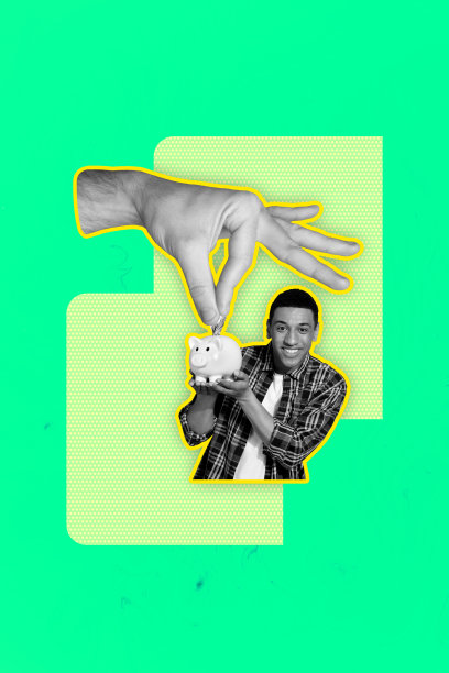 素描图像趋势艺术作品蒙太奇3D照片拼贴，剪影手势符号，身体语言，手指握住储蓄罐，年轻男子微笑图片下载