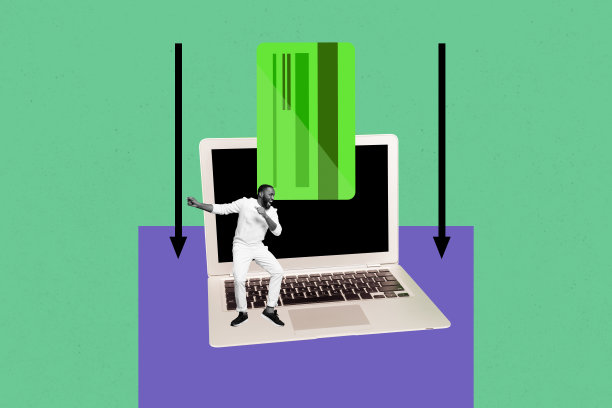 年轻男子在键盘上跳舞的趋势艺术复合3D照片拼贴，展示了信用卡在线支付、薪资市场、金融收益和金钱。图片下载