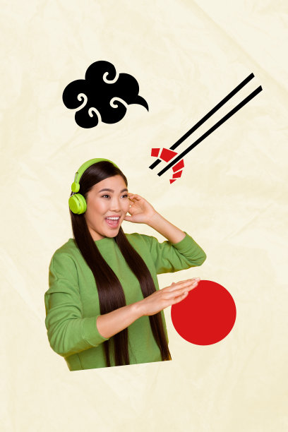 年轻女士微笑着，手持DJ设备，戴着耳机，云朵和筷子融入日本传统文化元素的3D照片拼贴画图片下载