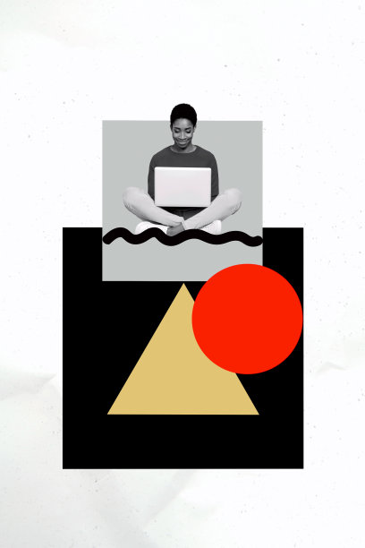 年轻男子坐着，手握笔记本电脑，周围有三角形球体和原始几何元素的3D照片拼贴艺术作品。图片下载