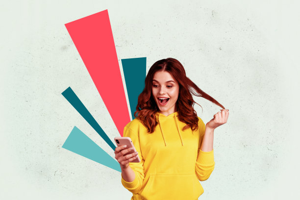 快乐的女商人与男商人站在几何图形前，展示职业发展进步的完整海报艺术照片拼贴。图片下载