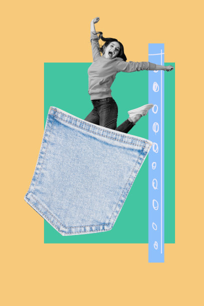 快乐女孩和男孩在牛仔裤口袋里窥视的竖版照片拼贴，舞会周末放松娱乐假期庆祝图片下载