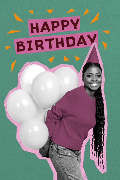 趋势模板草图设计 3D 照片拼贴，剪影年轻女士微笑，手持气球和礼盒，赠送生日快乐的礼物图片下载